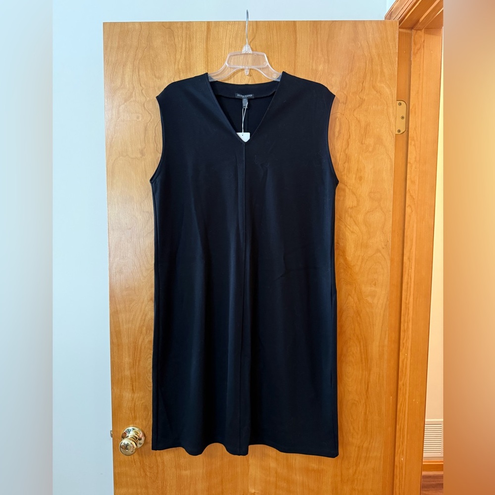 Eileen Fisher Flex Tencel Ponte Dress Sleeveless V-Neck Black NWT Petite Large
